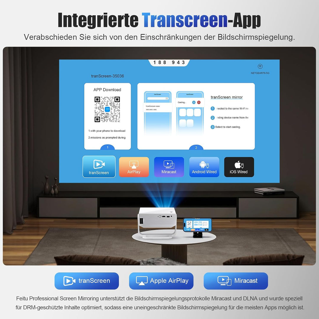 ZDK 2026 Upgrade Mini Beamer Integrierte Apps, Android 14, unterstützt 4K 1080P, Trapezkorrektur, WL