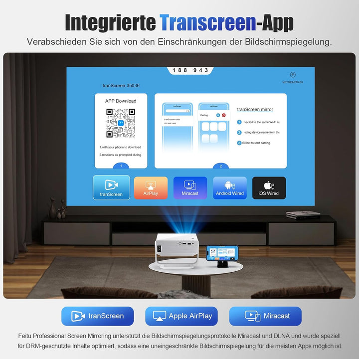ZDK 2026 Upgrade Mini Beamer Integrierte Apps, Android 14, unterstützt 4K 1080P, Trapezkorrektur, WL