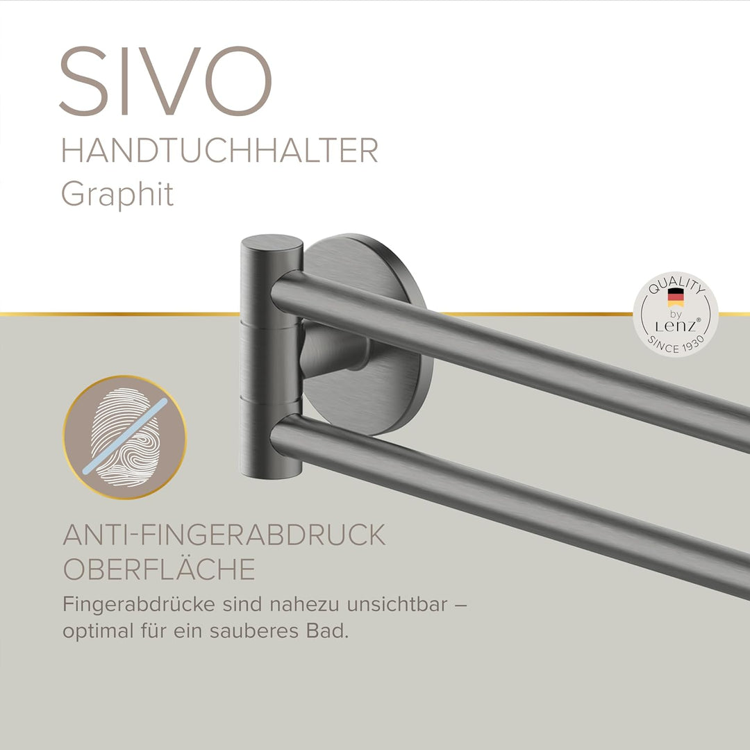Lenz Handtuchhalter SIVO in Graphit – 2 schwenkbare Arme, 40 cm – Mit Anti-Fingerabdruck Oberfläche
