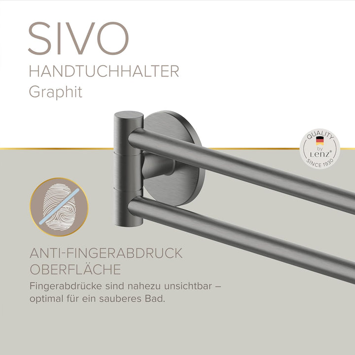 Lenz Handtuchhalter SIVO in Graphit – 2 schwenkbare Arme, 40 cm – Mit Anti-Fingerabdruck Oberfläche