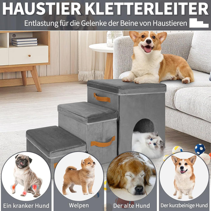 Haustiertreppe 3 Stufen mit Zwingerdesign Hundetreppe Zusammenklappbar mit Stauraum,Kombinierte Verw