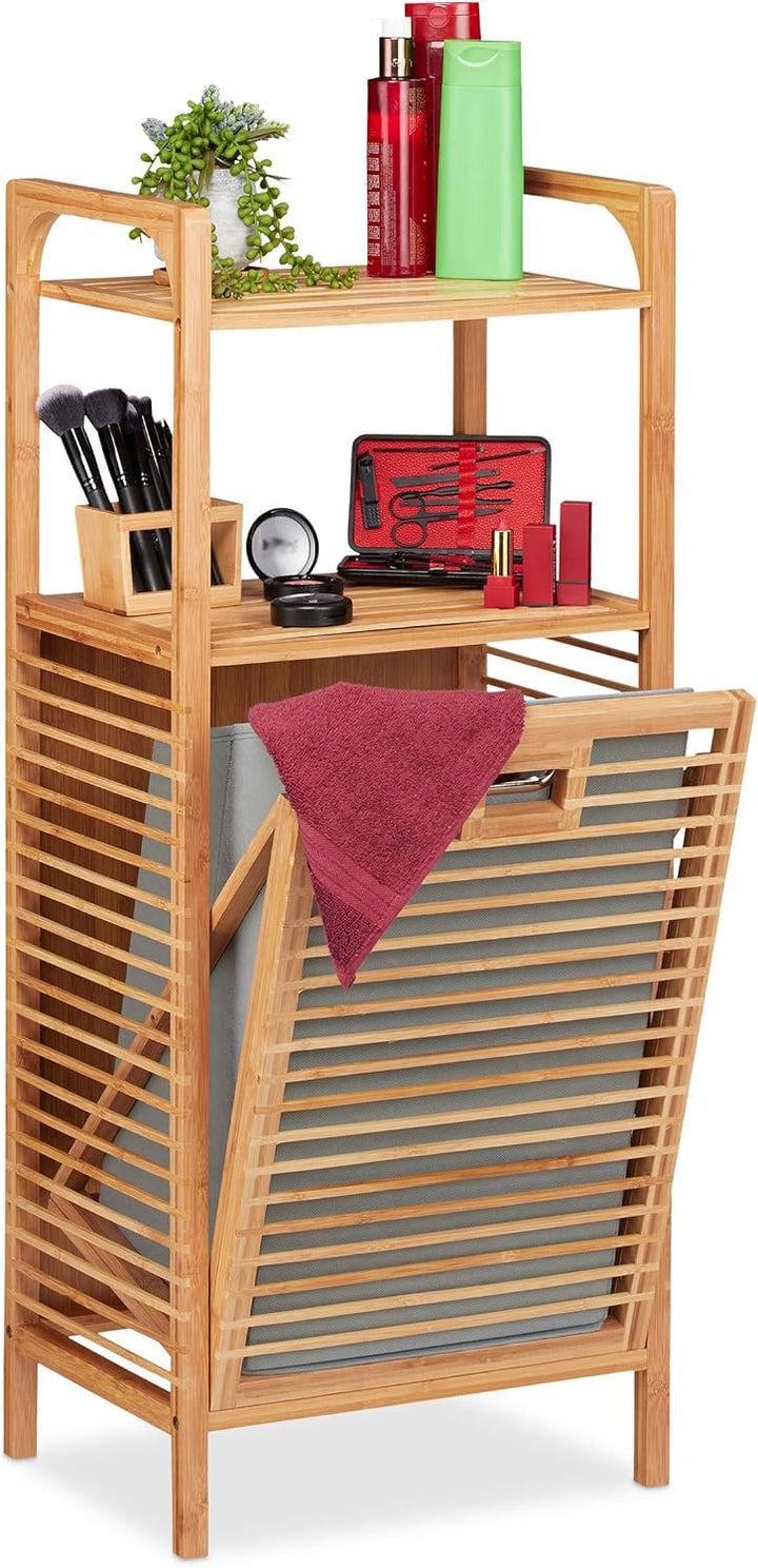 Relaxdays Badregal mit Wäschekorb, herausnehmbare Faltbox aus Stoff, Regal aus Bambus, HBT 95 x 40 x
