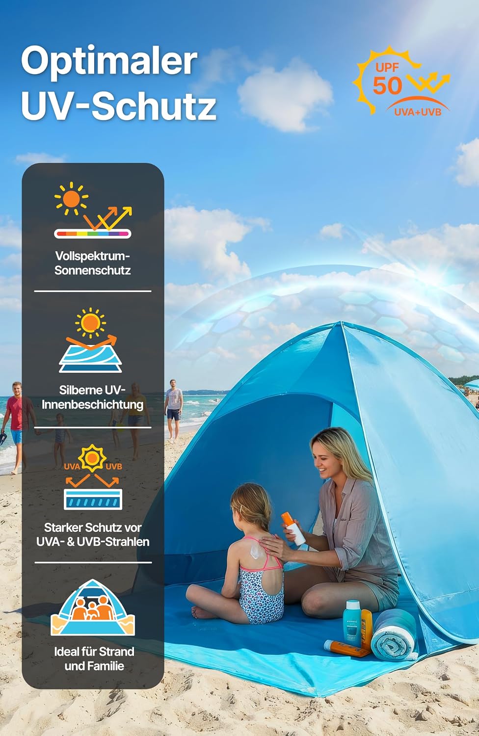 4smile Pop Up Strandmuschel mit UV-Schutz 50+, Strandzelt für 2-3 Personen, Windschutz &amp; Sonnenschut