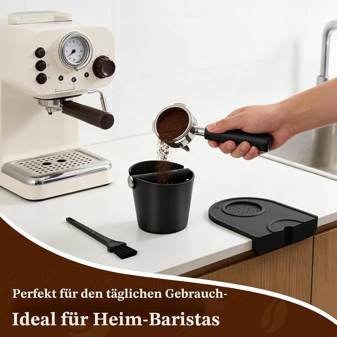 Abklopfbehälter-Set mit Barista-Pinsel & Tamping Matte, Geräuschloser Knock-Box für Siebträger, Inkl