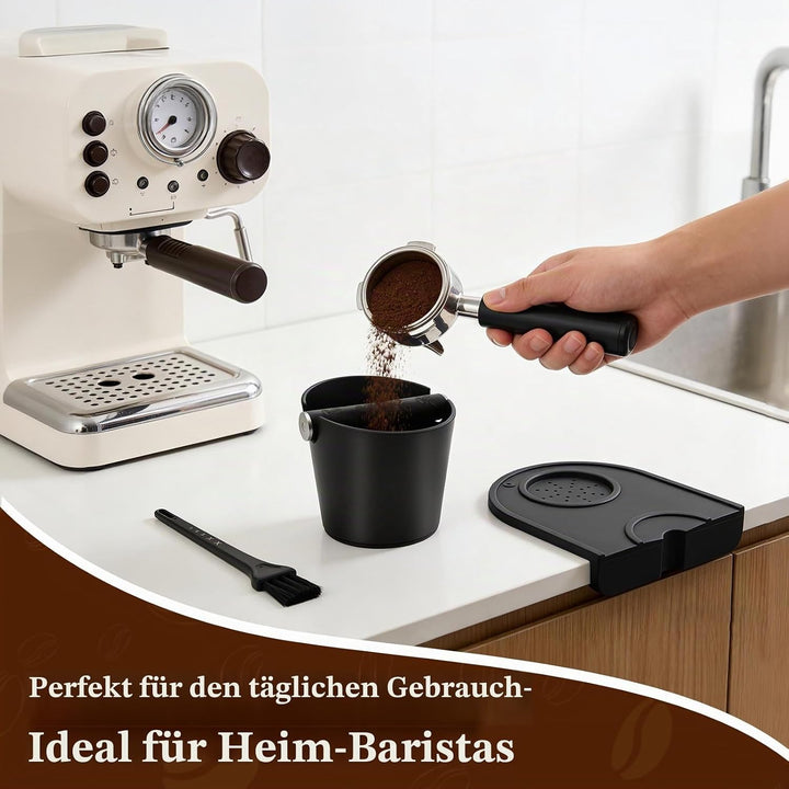Abklopfbehälter-Set mit Barista-Pinsel & Tamping Matte, Geräuschloser Knock-Box für Siebträger, Inkl