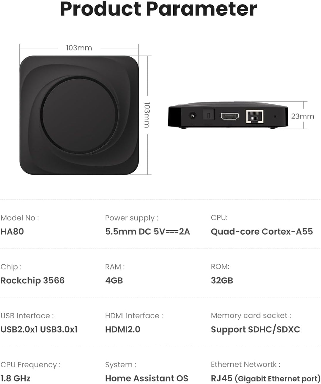AVATTO Home Assistant Host, Quad-Core Cortex-A55-Prozessor, Frequency 1.8GHz, RAM 4GB, ROM 32GB, USB