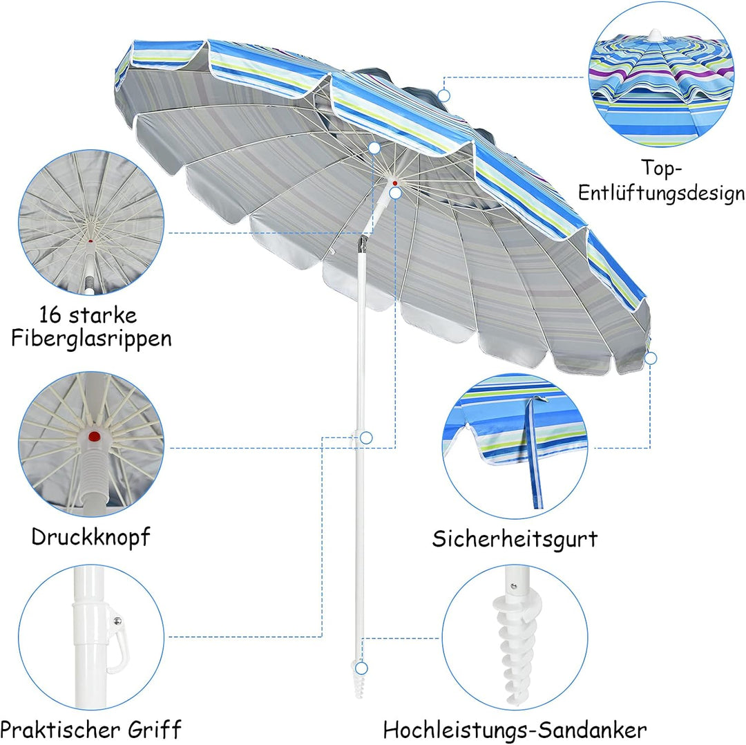 GOPLUS Strandschirm, Sonnenschirm um 30° knickbar, Gartenschirm UV 50+, Tischschirm mit Bodenhülse,