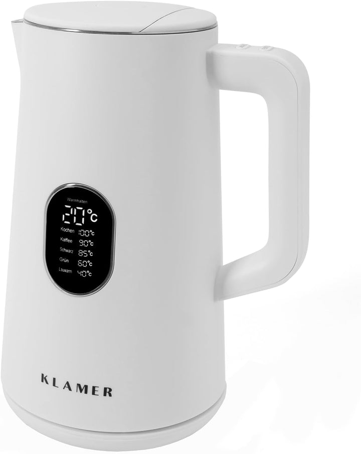 KLAMER Wasserkocher Edelstahl 1,5L 1800W elektrischer Wasserkocher weiss mit Temperatureinstellung z