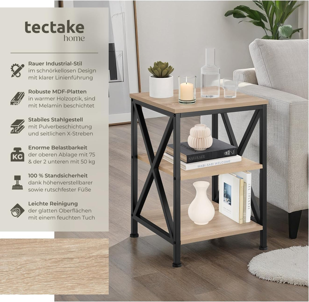 tectake® Industrial Möbel, Beistelltisch Holz und Metall, Schlafzimmer Nachttisch mit 3 Ebenen, Couc