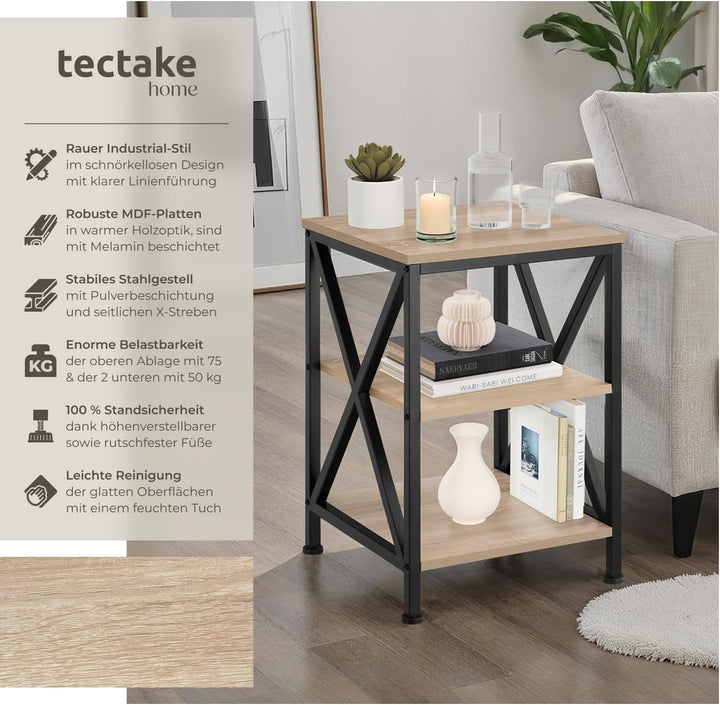 tectake® Industrial Möbel, Beistelltisch Holz und Metall, Schlafzimmer Nachttisch mit 3 Ebenen, Couc