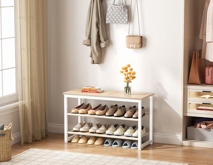 HOMIDEC Schuhregal mit 3 Ebenen, Schuhbank mit Holzplatte, Schuhregal mit Sitzbank, Regal Vliesstoff