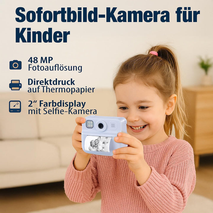Kinderkamera: Kinder-Sofortbild-Kamera mit Selfie-Objektiv, 2"-Display, 48 MP, blau (Kamera mit Foto