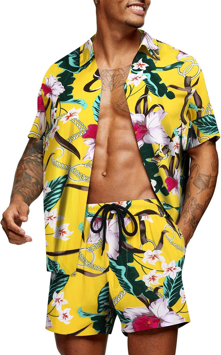 COOFANDY Herren Hemd Kurzarm Sommerhemd Floral Hawaiihemd Flamingo Party Hemden und Shorts Set Stran