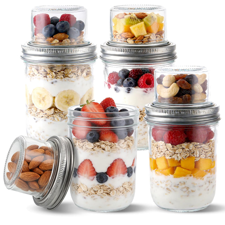 APACALI 4 Stück Müslibecher to go, 500ml+100ml Overnight Oats Gläser, Joghurtbecher to go mit Doppel