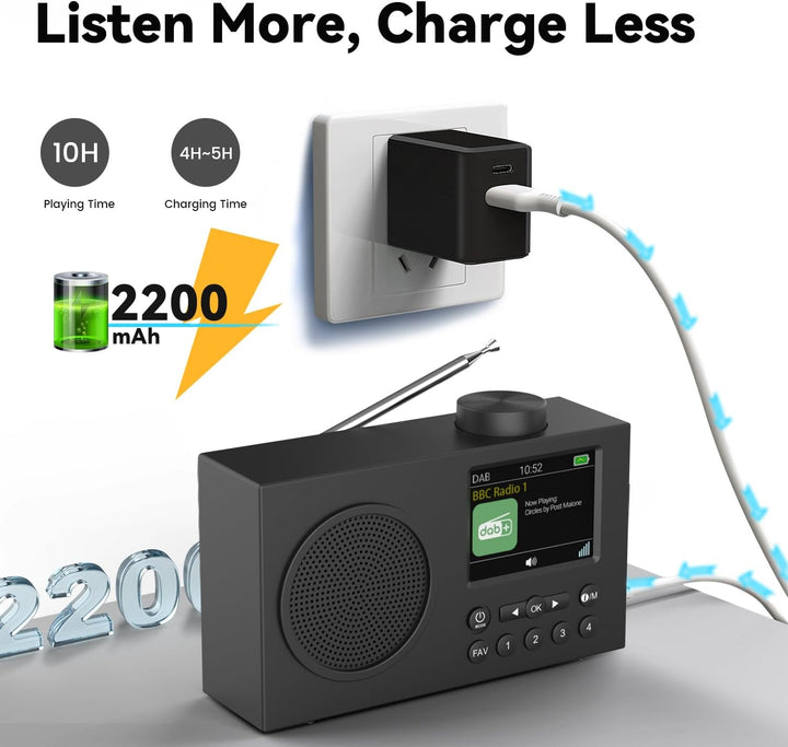 DAB Radio mit Bluetooth, DAB Plus Radio mit 3" Grosses TFT Display, Rechargeable Dab+ Radio Klein, K
