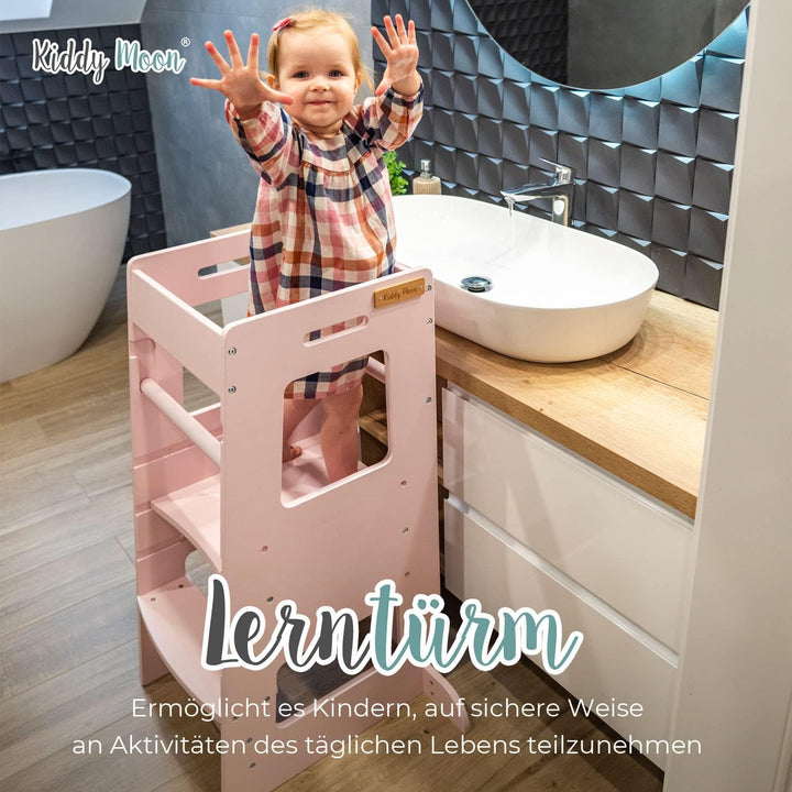 KiddyMoon Lernturm Für Kinder Ab 1 Jahr, Anti-Kipp-Schutz, 3-Fach Höhenverstellbar, Schutzbügel, Mon
