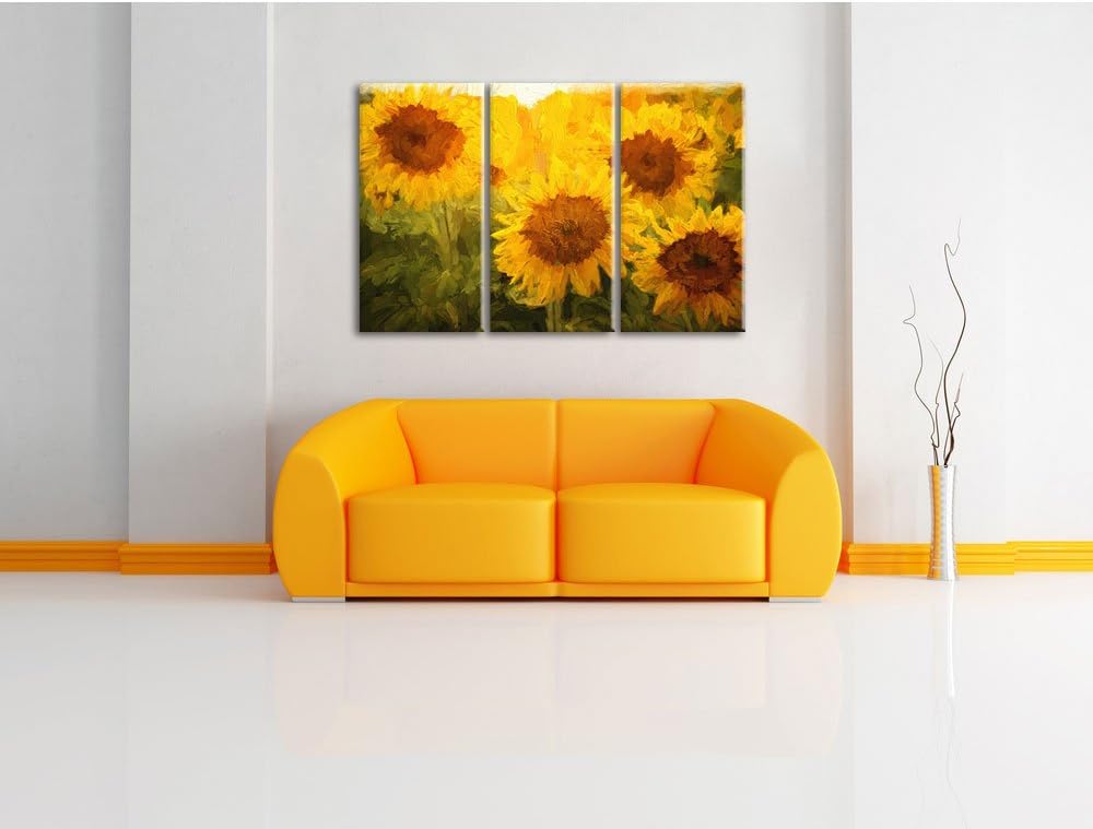 Pixxprint Sonnenblumen auf dem Feld Kunst als Leinwandbild/Grösse: 3 Teilig (120x80 cm) cm/Wandbild/
