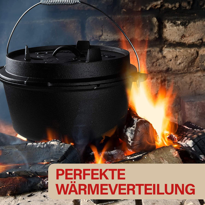 BUFFALO BBQ eingebrannter Dutch Oven - gusseiserner Feuertopf mit 7,5 L Fassungsvermögen - inkl. Dec