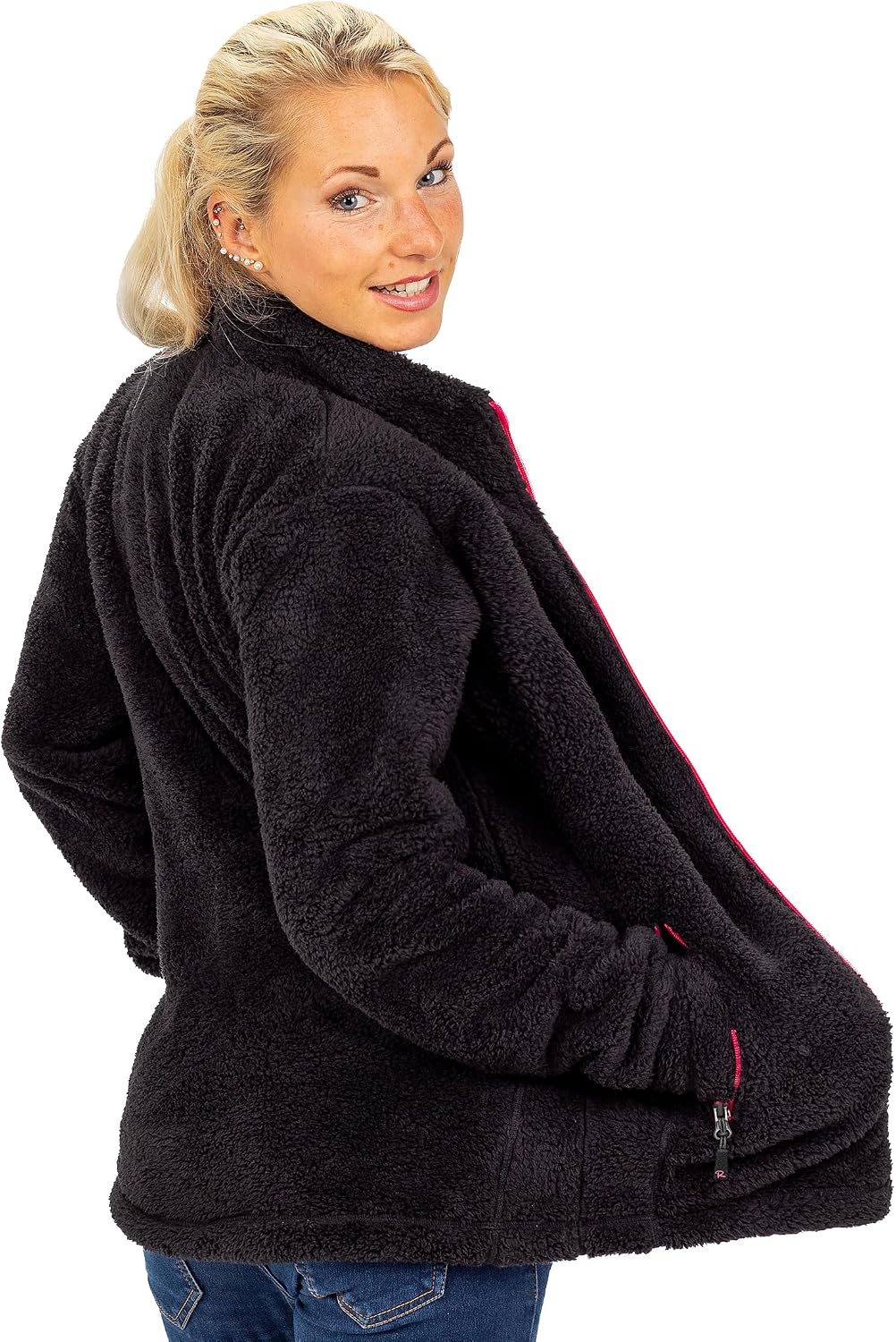 Reichstadt Damen Fleecejacke extra lange Ärmel Kuschelig XS Schwarz, XS Schwarz