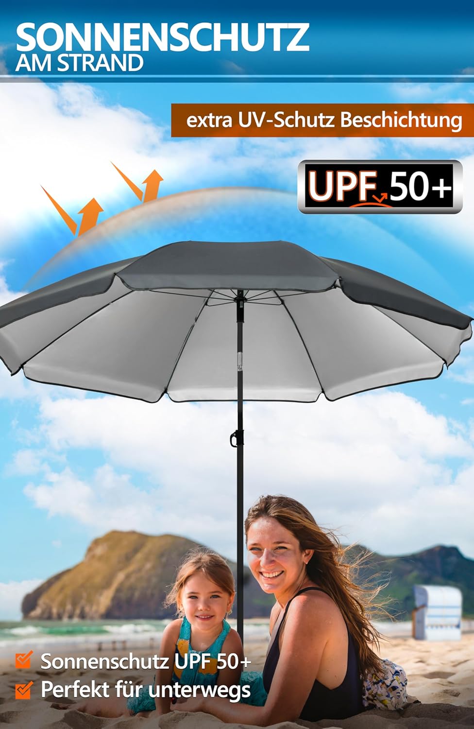 4smile Sonnenschirm Strand Ø 200 cm, 3-in-1 SET mit Bodenhülse, Anthrazit | UPF 50+ Strandschirm + S