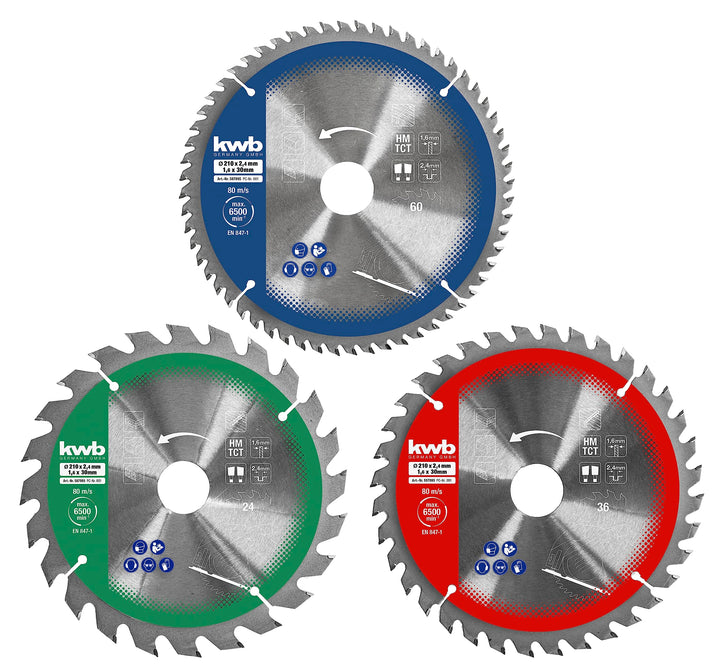 kwb Kreissägeblatt-Satz 210 x 30/20/16 mm für Kreissägen oder Tischkreissägen, für Platten und Holzb