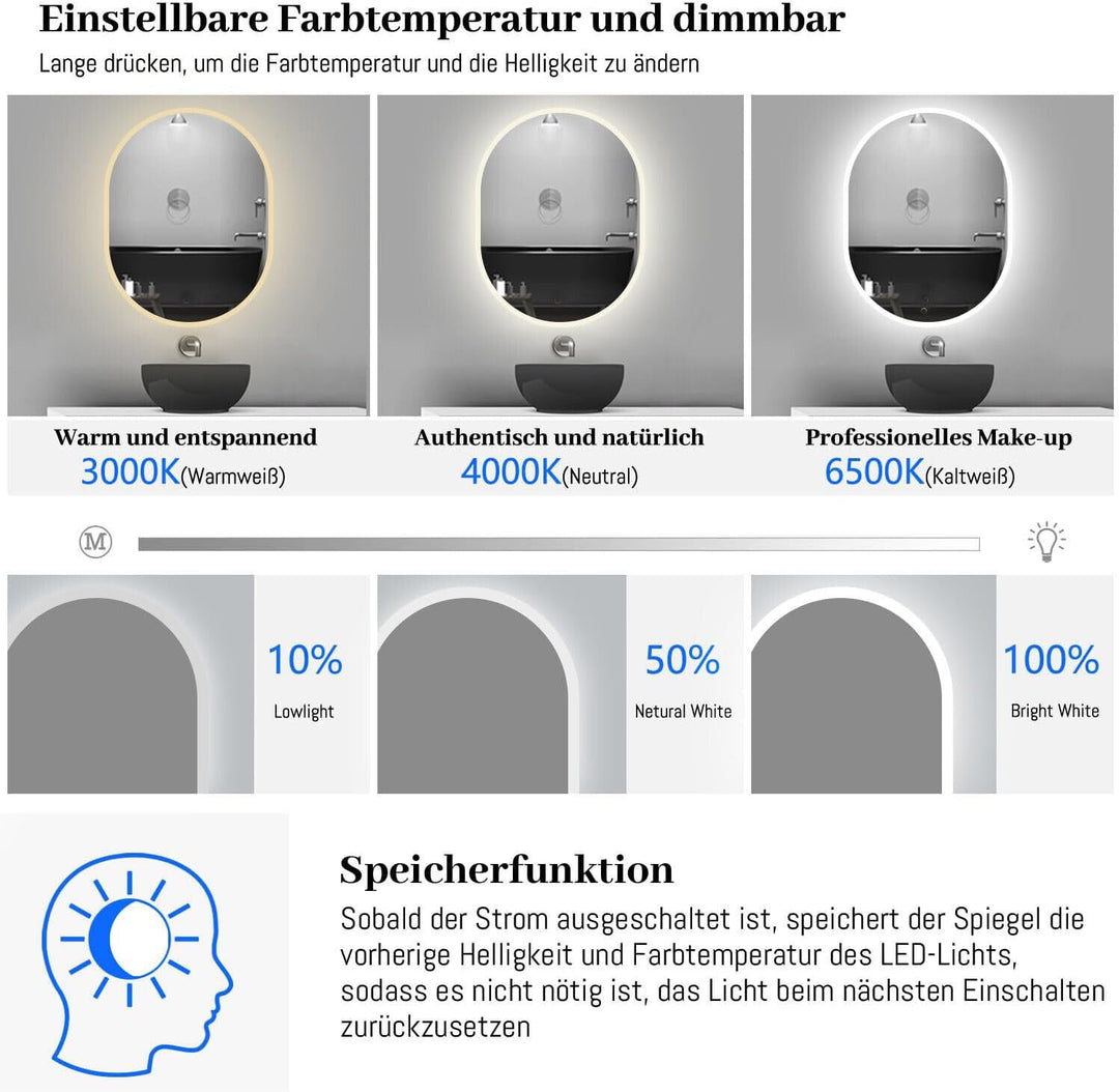 Ovaler Badspiegel mit Beleuchtung 50x70 cm LED Spiegel Bad mit Touch-Schalter Beschlagfrei Badezimme