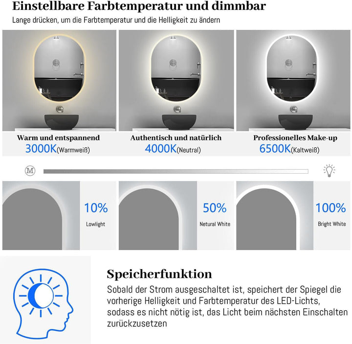 Ovaler Badspiegel mit Beleuchtung 50x70 cm LED Spiegel Bad mit Touch-Schalter Beschlagfrei Badezimme