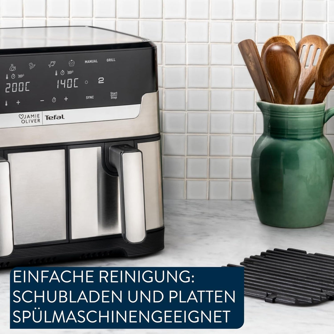 Jamie Oliver by Tefal Dual Drawer Heissluftfritteuse 8,3 L – Airfryer mit 2 Kammern & Grillfunktion,