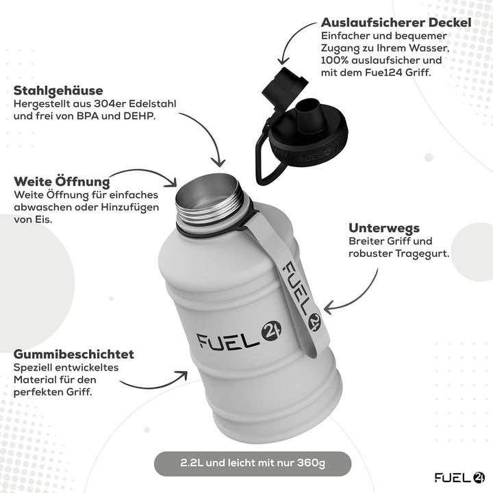 Fuel24 Extra Stark Trinkflasche Edelstahl Metall 1.3L & 2.2L - Auslaufsicher & BPA-Frei Wasserflasch