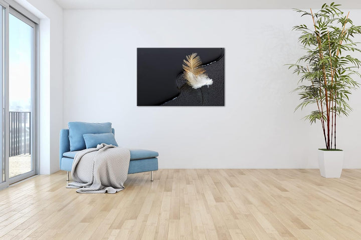 deyoli schöne Feder mit Wassertropfen im Format: 80x60 als Leinwandbild, Motiv fertig gerahmt auf Ec