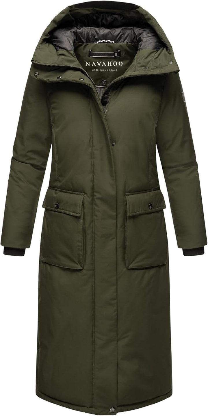 Navahoo Damen Wintermantel Warmer Mantel extralang mit Kapuze Wolkenfrost XIV XS-XXL XXL Dark Olive,