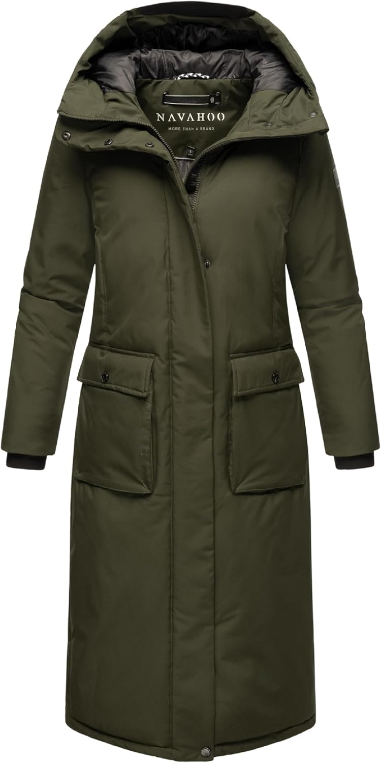 Navahoo Damen Wintermantel Warmer Mantel extralang mit Kapuze Wolkenfrost XIV XS-XXL XL Dark Olive,