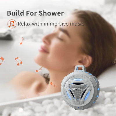 HEYSONG Tragbarer Bluetooth-Lautsprecher, IPX7 Wasserdicht Dusche Musikbox mit Licht, Dualen Bass-Tr