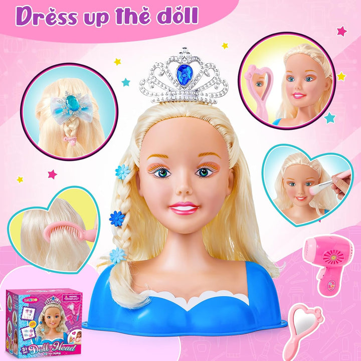 52PCS Schminkpuppe Frisierkopf Kinder Puppenkopf mit Krone Haartrockner Glätteisen Haarnadeln Schmin