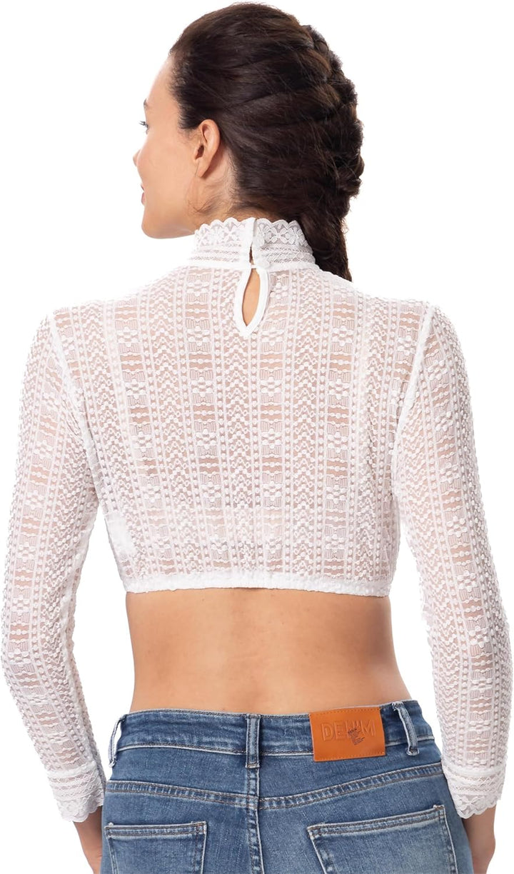 Dirndlwelle Dirndlbluse Hochgeschlossen,Exklusive Trachtenmode Dirndlbluse Langarm Dirndlbluse Weiss