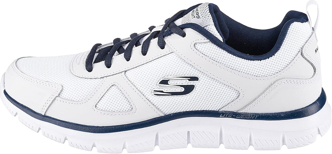 Skechers Herren Track Scloric Sneaker, 39 EU White Leather Mesh Pu Navy Trim