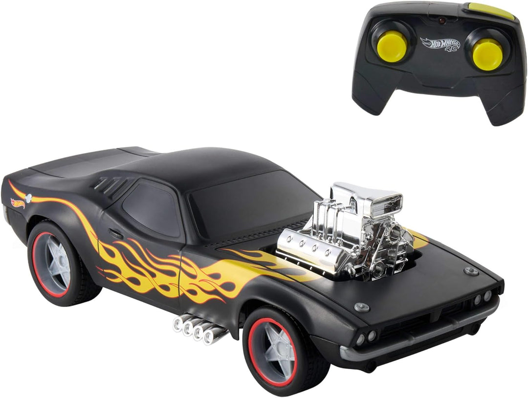Hot Wheels Spielzeugauto, Ferngesteuerter Rodger Dodger im Massstab 1:16, schwarzes Fahrzeug mit gel
