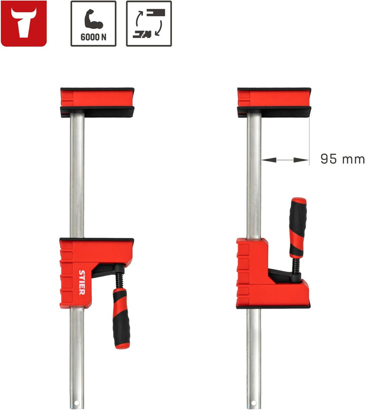STIER Korpuszwinge, 600 mm Spannweite, 95 mm Ausladung, 6000 N Spannkraft, aus duktilem Gusseisen, S