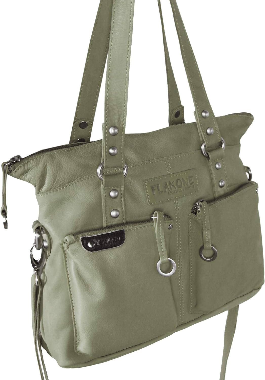 LL Baron of MALTZAHN Damen Schultertaschen FLAKONE Bluegrey-Taupe Shopper-718 aus Leder incl. Lederp