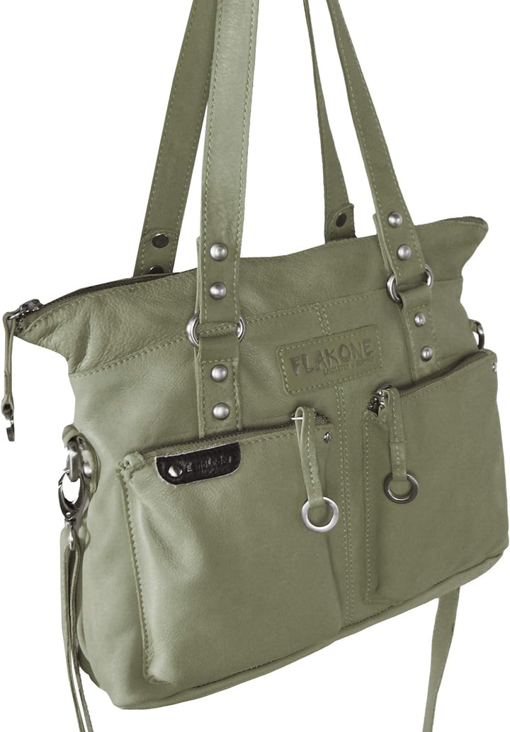 LL Baron of MALTZAHN Damen Schultertaschen FLAKONE Bluegrey-Taupe Shopper-718 aus Leder incl. Lederp
