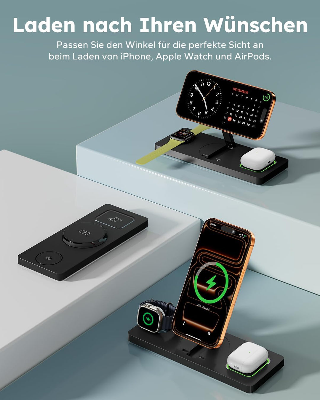 3 in 1 MagSafe Ladestation iPhone Apple Watch, Faltbar Induktive Ladestation Kompatibel mit MagSafe