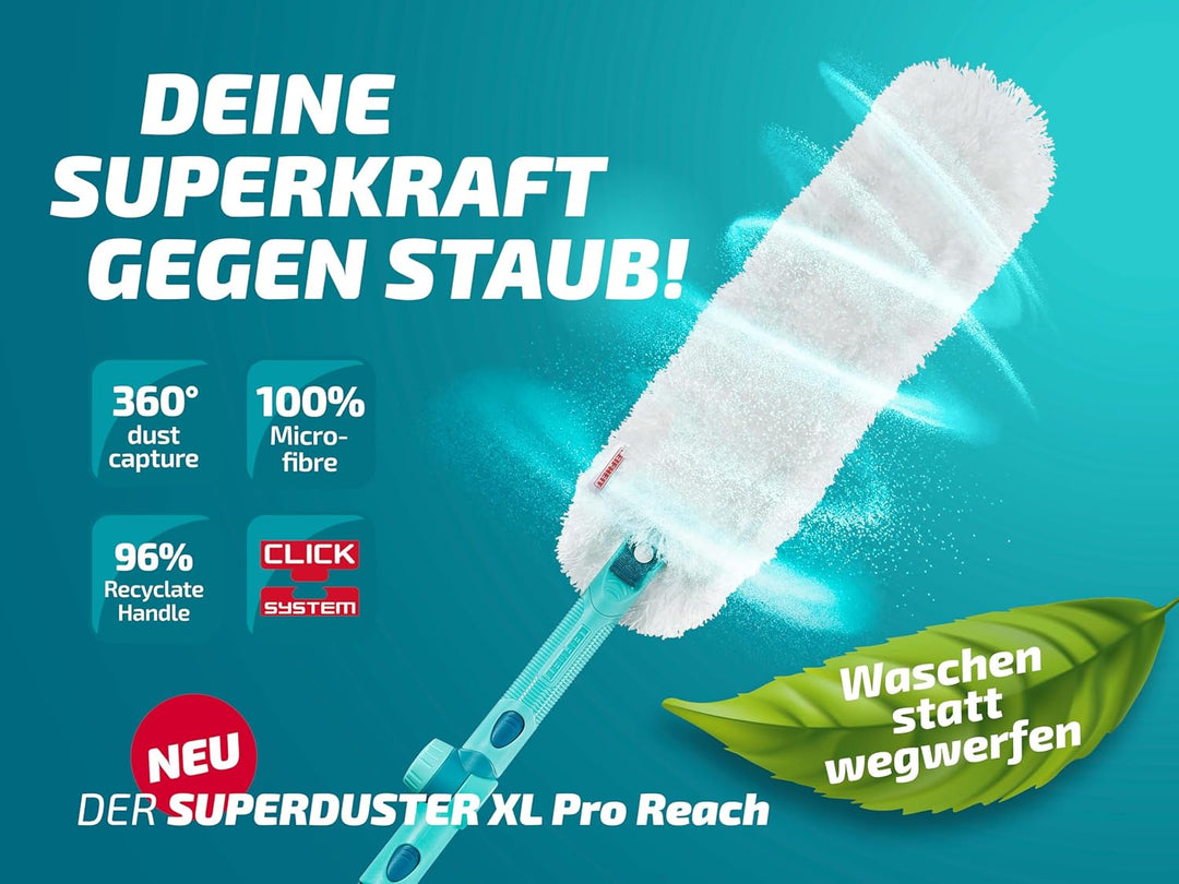 Leifheit SUPERDUSTER XL Pro Reach Set, Staubwedel lang ausziehbar durch 43 cm Langen Stiel, waschbar
