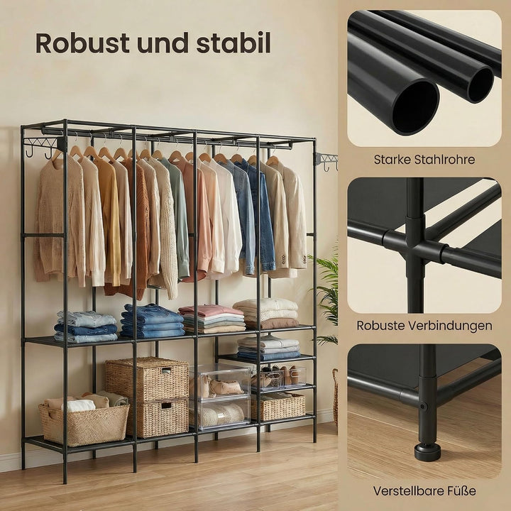 Kleiderständer 4 Ebenen, Offener Kleiderschrank mit Kleiderstange und Ablagen, Freistehender Kleider