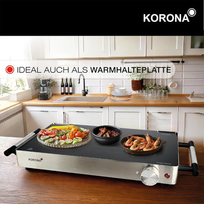 Korona 46100 Glas-Tischgrill | 2 in 1 Tischgrill und Warmhalteplatte | 800 Watt | Edelstahlgehäuse |