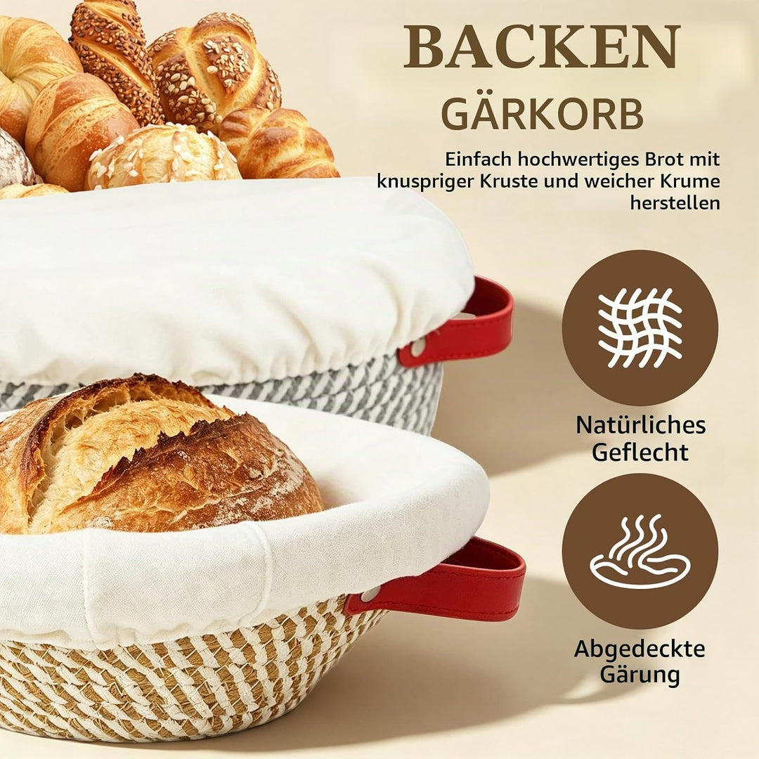 Gärkorb Set aus Baumwolle, oval atmungsaktiv Griffen Backmatte Heimbacken