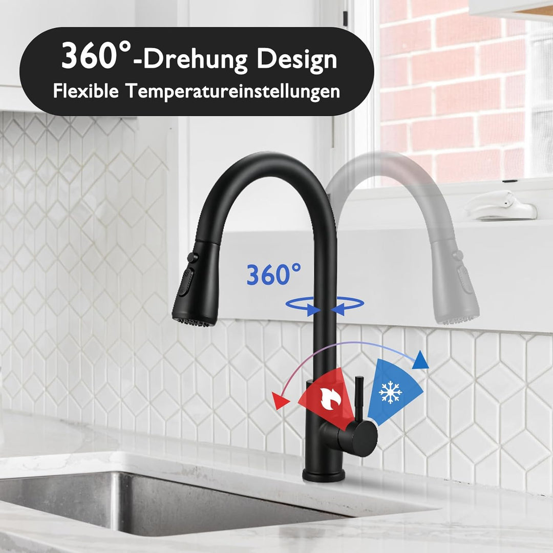 Cieex Wasserhahn Küche Schwarz, Hochdruck Küchenarmatur Ausziehbar 360° Drehbar, Mischbatterie Spült