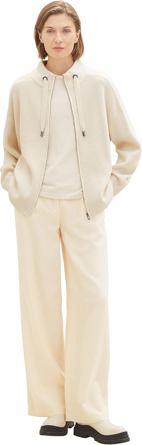 TOM TAILOR Damen Strickjacke mit Stehkragen L 10354 - Soft Beige Solid, L 10354 - Soft Beige Solid