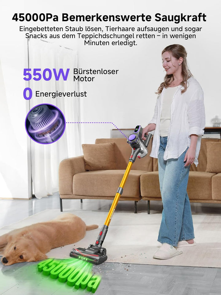 MONSGA Akku Staubsauger Kabellos 45KPa/50Min mit Display,Bürstenloser Motor | Kabelloser Staubsauger