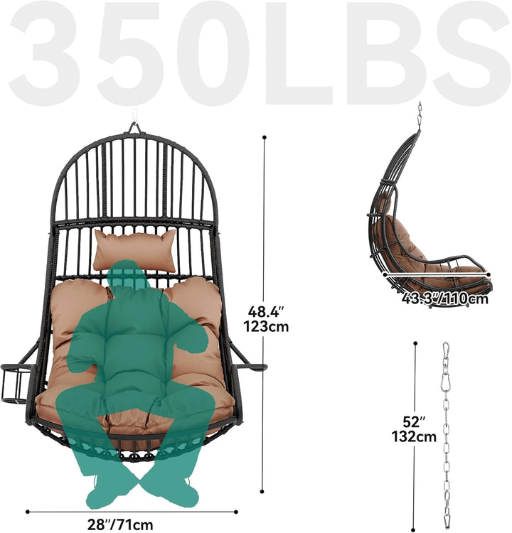 YITAHOME Hängesessel Eierschaukel 150 kg Belastbarkeit, Rattan Schaukelsessel mit Kissen & Getränkeh
