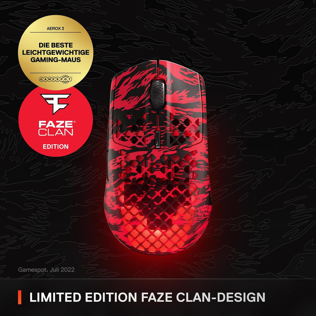SteelSeries Aerox 3 Wireless - Faze Clan Edition - RGB Gaming Maus mit Öffnungen in der Oberfläche -